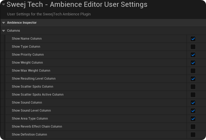 Ambience Inspector Columns Options in Editor Preferences