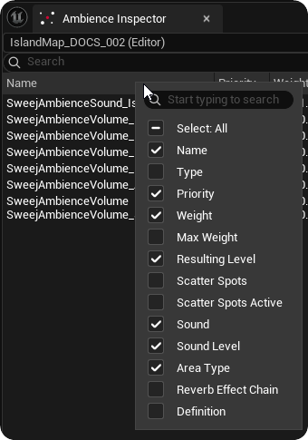 Ambience Inspector Column Options