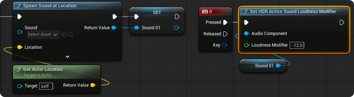 Blueprint of Set HDR Active Sound Loudness Modifier node