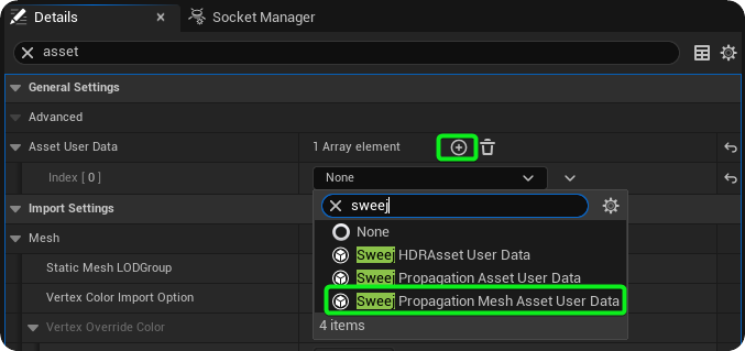 Adding Sweej Propagation Mesh Asset User Data to a Static Mesh