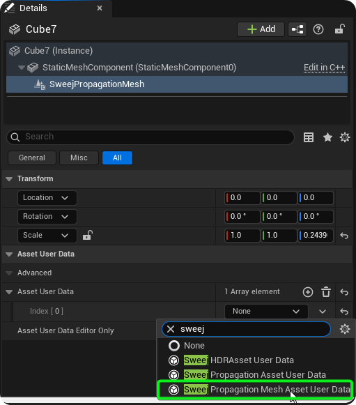 Adding Sweej Propagation Mesh Asset User Data to a specific Actor instance