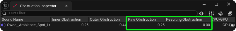 Obstruction Inspector showing Raw Obstruction 0.25 but Resulting Obstruction 0.0 due to the Obstruction Range settings of 0.3-1.0