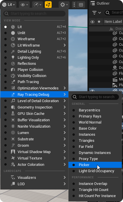 Set View Mode to Ray Tracing Debug / Picker